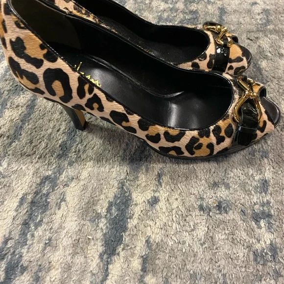 Cole Haan Black Peep Toe Heels with Leopard Bow - Picture 3 of 9